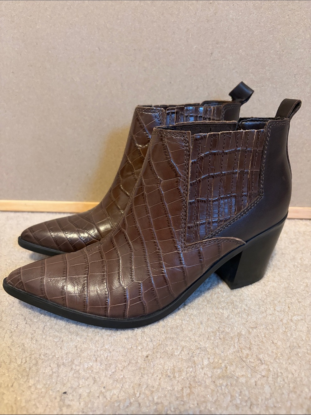 Marc Fisher Brown Croc-Embossed Pointed Toe Ankle Booties